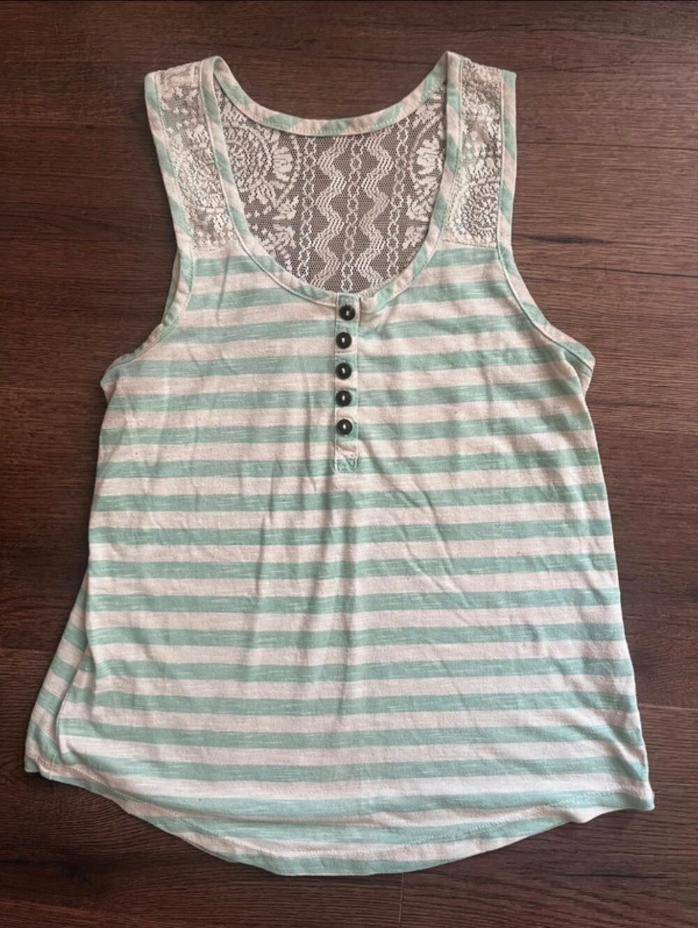 Neon Soul Mint Striped Lace Back Button Tank Top Small